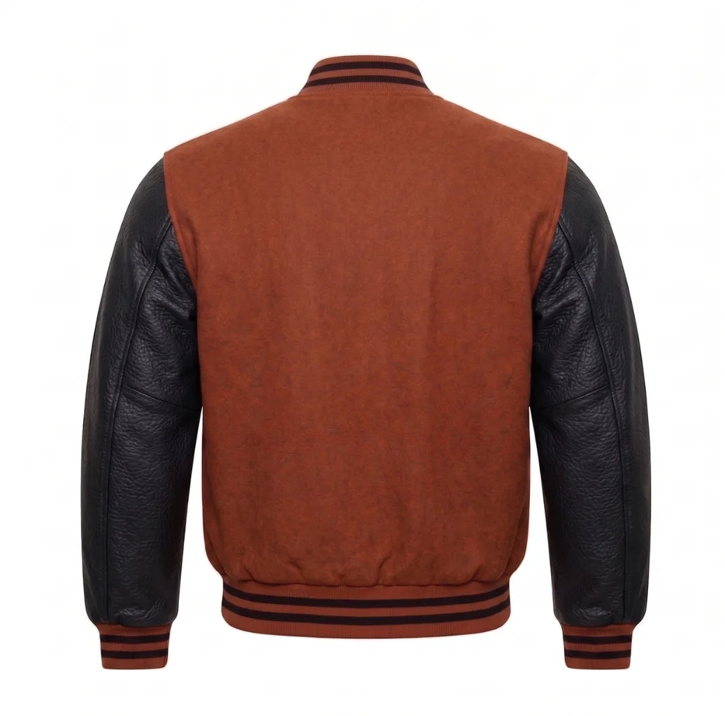 Rust and Black Varsity Jacket with Wool Body and Leather Sleeves Back View
