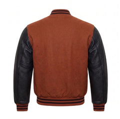 Rust and Black Varsity Jacket with Wool Body and Leather Sleeves Back View