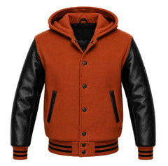 Rust and Black Varsity Jacket with Hood