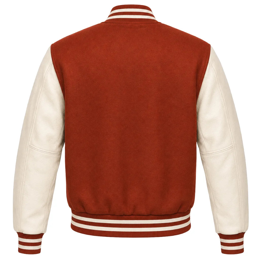 Rust wool varsity jacket with cream cowhide sleeves, back view