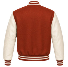 Rust wool varsity jacket with cream cowhide sleeves, back view