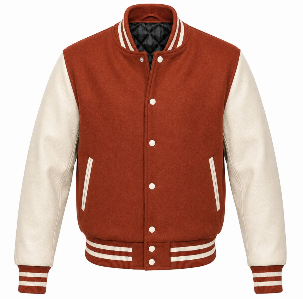 Rust melton wool varsity jacket with cream leather sleeves, front view