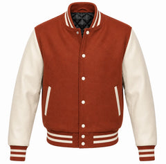 Rust melton wool varsity jacket with cream leather sleeves, front view