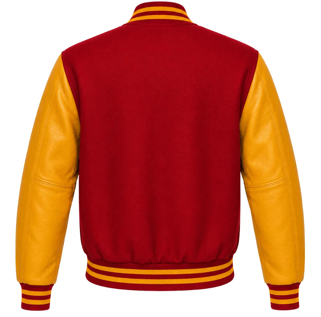 Rust wool letterman jacket with gold leather sleeves, back view