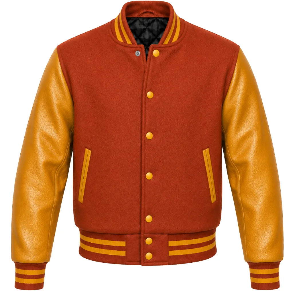 Rust melton wool letterman jacket with gold cowhide leather sleeves, front view