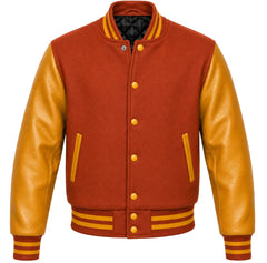 Rust melton wool letterman jacket with gold cowhide leather sleeves, front view