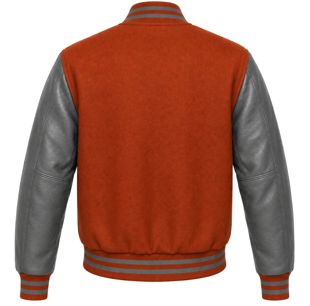 Rust wool letterman jacket with grey cowhide sleeves, back view