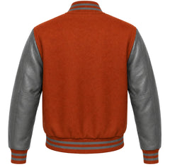 Rust wool letterman jacket with grey cowhide sleeves, back view