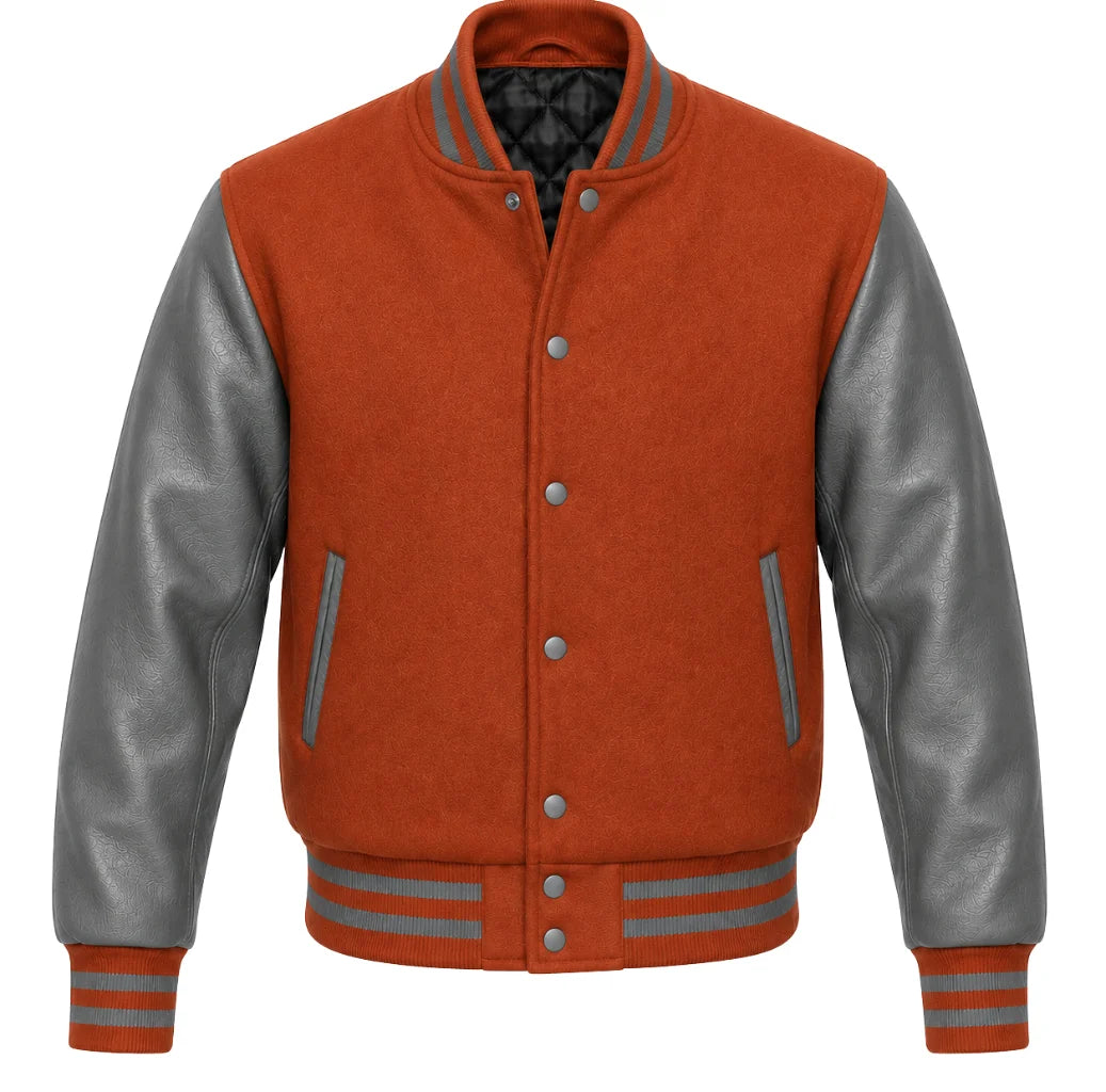 Rust melton wool letterman jacket with grey leather sleeves, front view