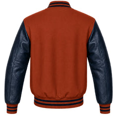 Rust wool letterman jacket, navy blue leather sleeves, back view