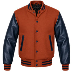 Rust melton wool letterman jacket with navy blue cowhide sleeves, front view