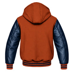 Rust and Navy Blue Varsity Jacket with Hood