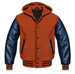 Rust and Navy Blue Varsity Jacket with Hood