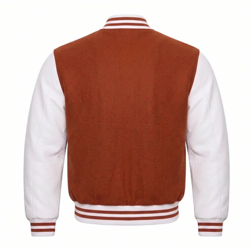 Rust and White Varsity Jacket with Wool Body and Leather Sleeves Back View
