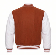 Rust and White Varsity Jacket with Wool Body and Leather Sleeves Back View