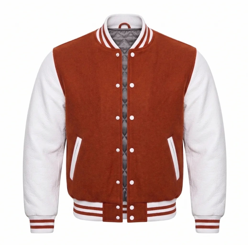 Rust and White Varsity Jacket with Wool Body and Leather Sleeves