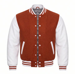 Rust and White Varsity Jacket with Wool Body and Leather Sleeves