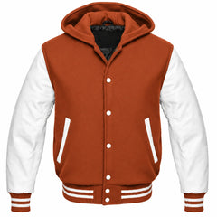 Rust and White Varsity Jacket with Hood