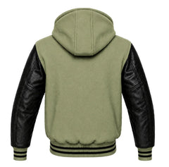Sage Green and Black Hooded Varsity Jacket