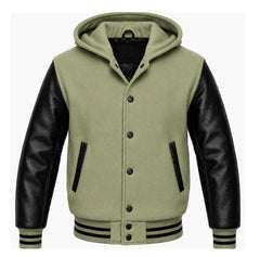 Sage Green and Black Hooded Varsity Jacket