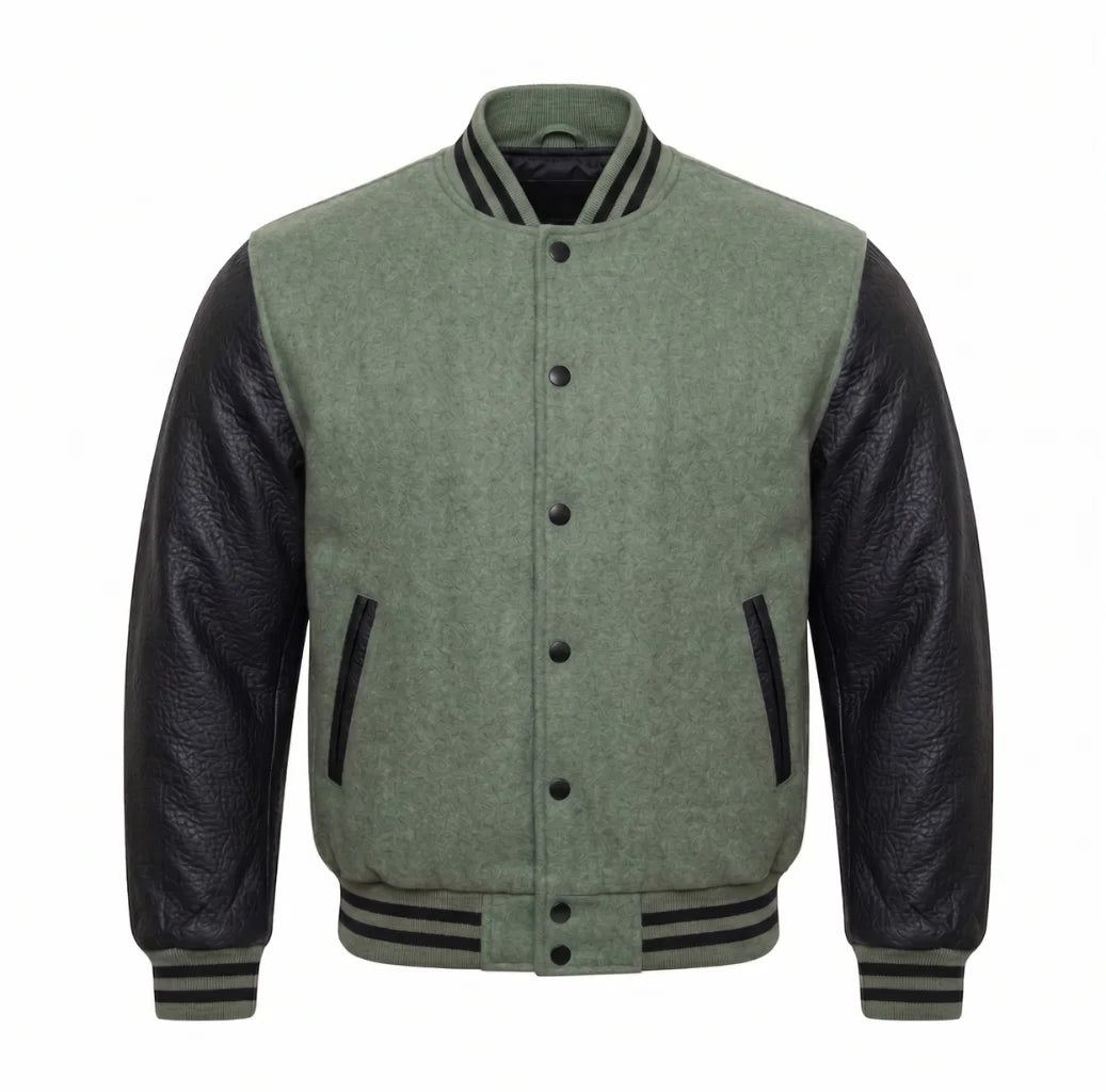 Sage Green and Black Varsity Jacket with Wool Body and Leather Sleeves