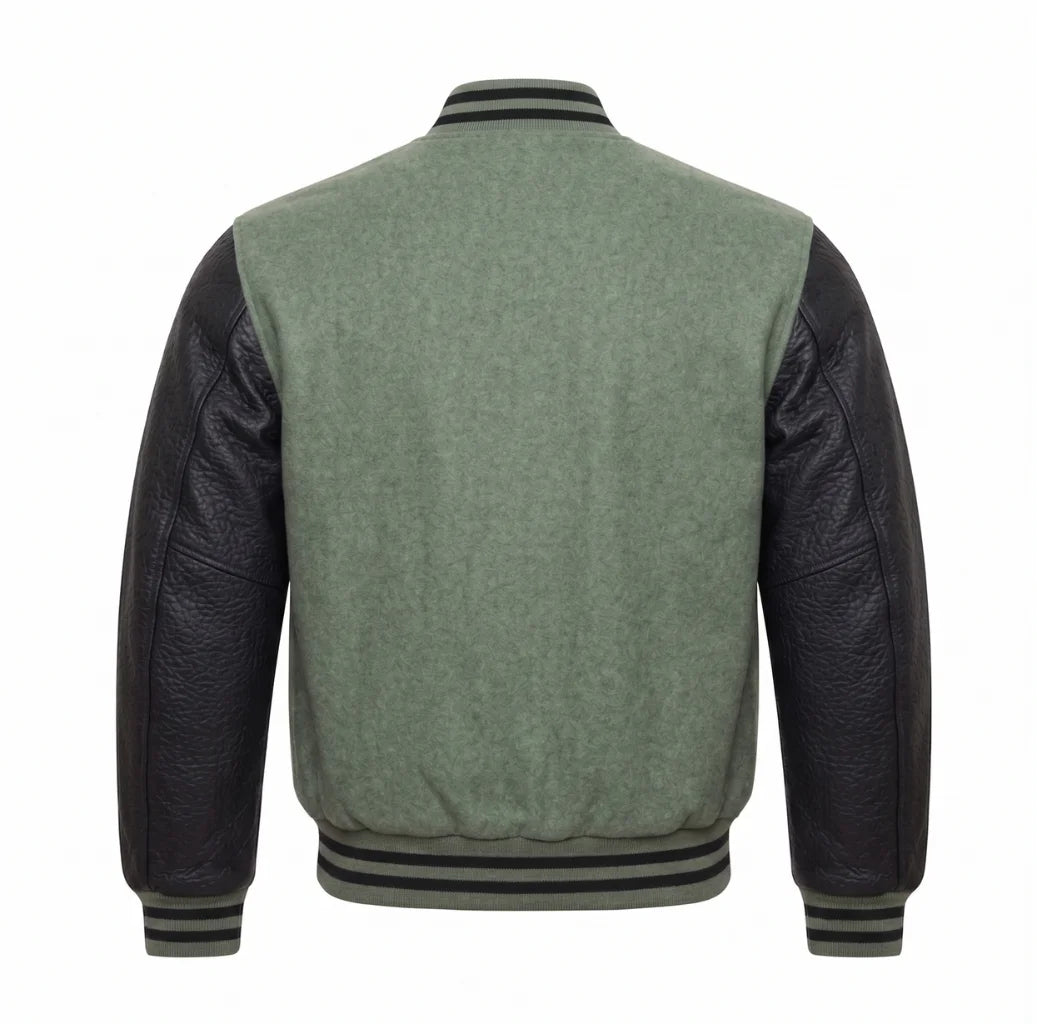 Sage Green and Black Varsity Jacket with Wool Body and Leather Sleeves Back Side