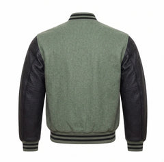 Sage Green and Black Varsity Jacket with Wool Body and Leather Sleeves Back Side