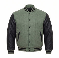 Sage Green and Black Varsity Jacket with Wool Body and Leather Sleeves