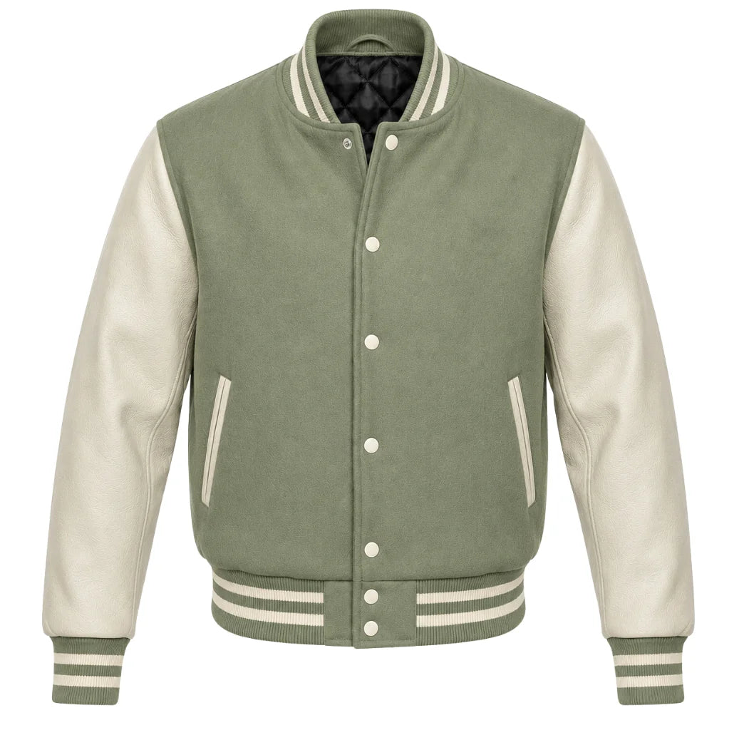 Sage green melton wool varsity jacket with cream cowhide sleeves, front view