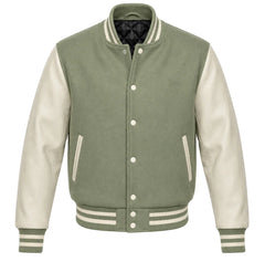 Sage green melton wool varsity jacket with cream cowhide sleeves, front view