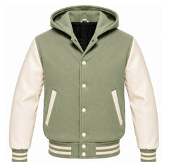 Sage Green and Cream Varsity Jacket with Hood