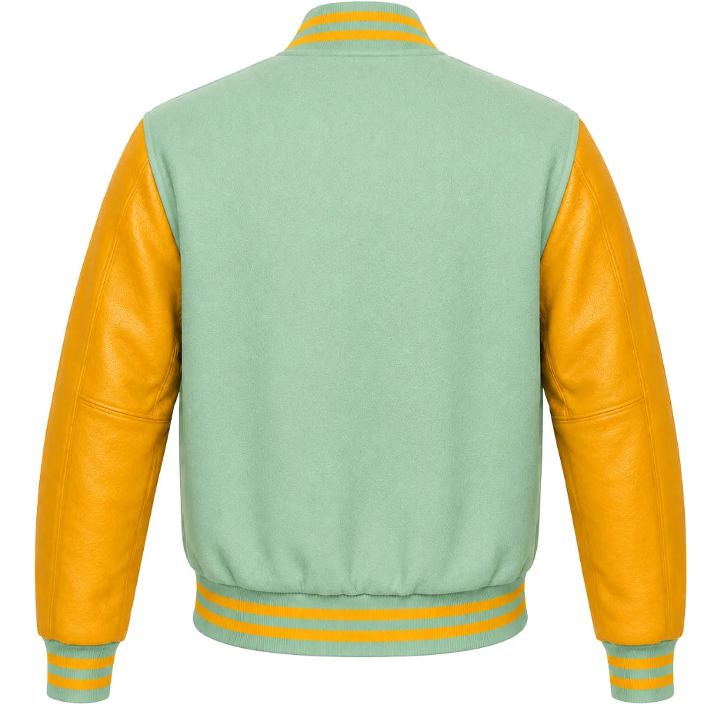 Sage green wool varsity jacket with gold cowhide sleeves, back view