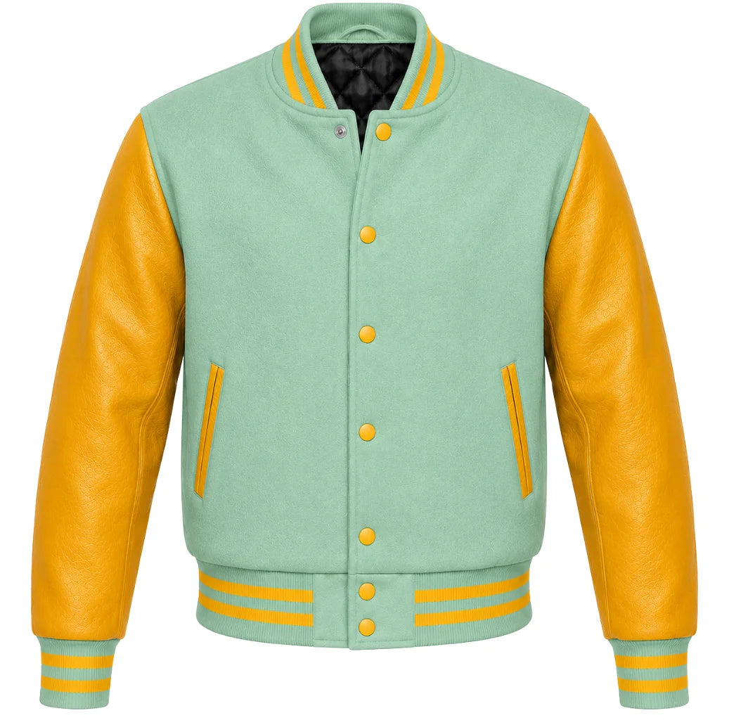 Sage green melton wool varsity jacket with gold leather sleeves, front view