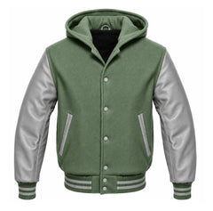 Sage Green and Grey Hooded Letterman Jacket