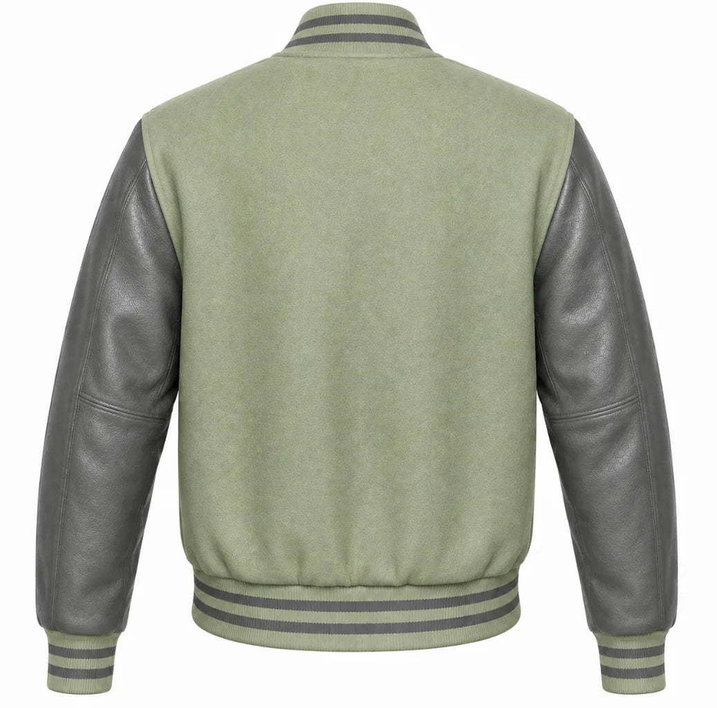 Sage green wool varsity jacket with grey cowhide sleeves, back view