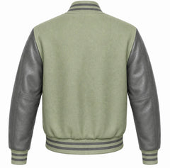 Sage green wool varsity jacket with grey cowhide sleeves, back view