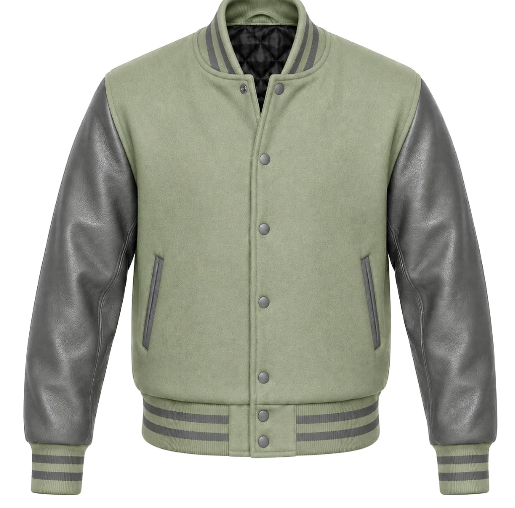 Sage green melton wool varsity jacket with grey leather sleeves, front view