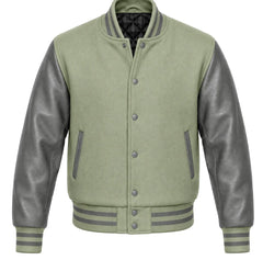 Sage green melton wool varsity jacket with grey leather sleeves, front view