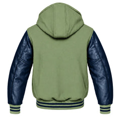 Sage Green and Navy Blue Hooded Varsity Jacket