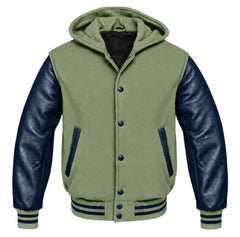Sage Green and Navy Blue Hooded Varsity Jacket