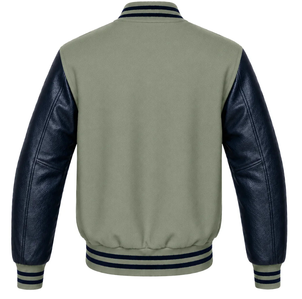 Sage green wool varsity jacket with navy blue cowhide sleeves, back view