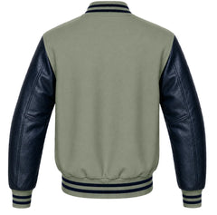 Sage green wool varsity jacket with navy blue cowhide sleeves, back view