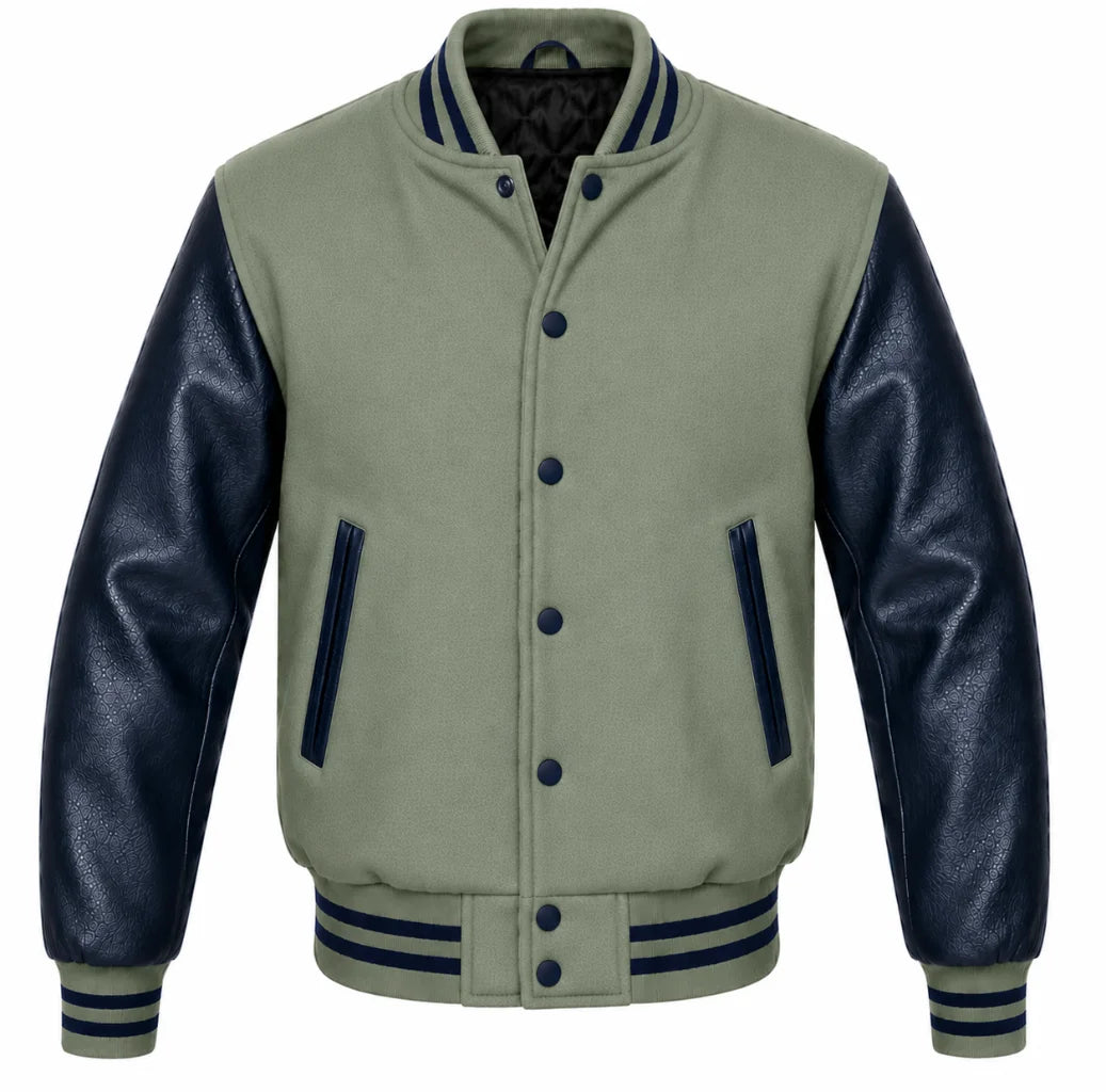 Sage green melton wool varsity jacket with navy blue leather sleeves, front view