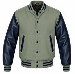 Sage green melton wool varsity jacket with navy blue leather sleeves, front view