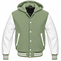Sage Green and White Hooded Varsity Jacket