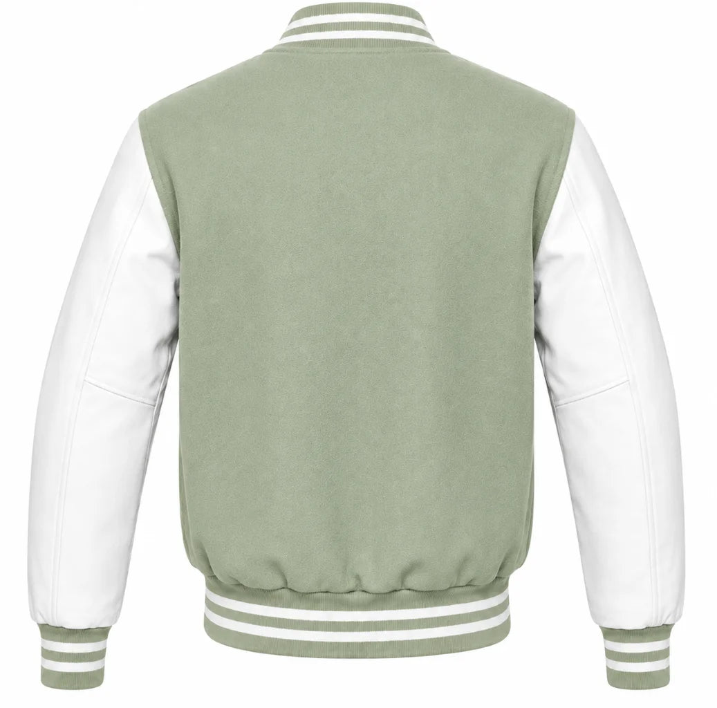 Sage green wool varsity jacket with white leather sleeves, back view