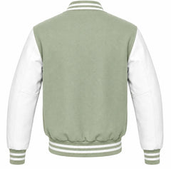 Sage green wool varsity jacket with white leather sleeves, back view