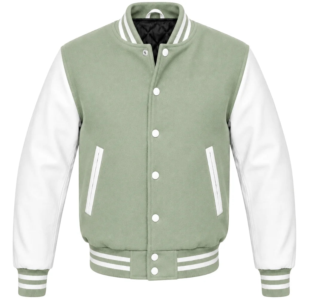 Sage green melton wool varsity jacket with white leather sleeves, front view