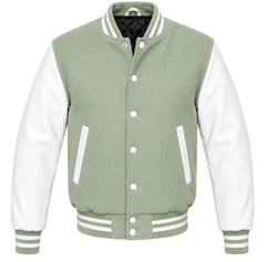 Sage green melton wool varsity jacket with white leather sleeves, front view
