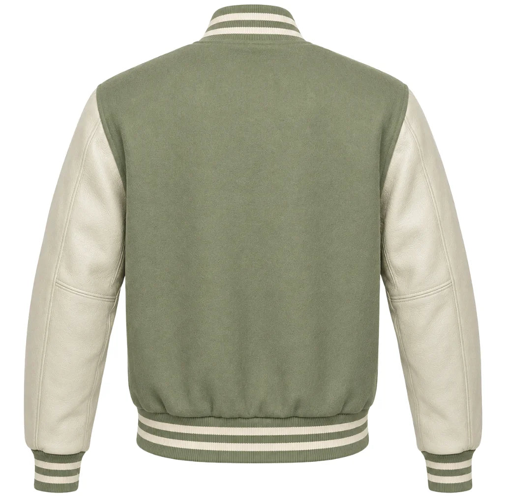 Sage green wool varsity jacket with cream leather sleeves, back view